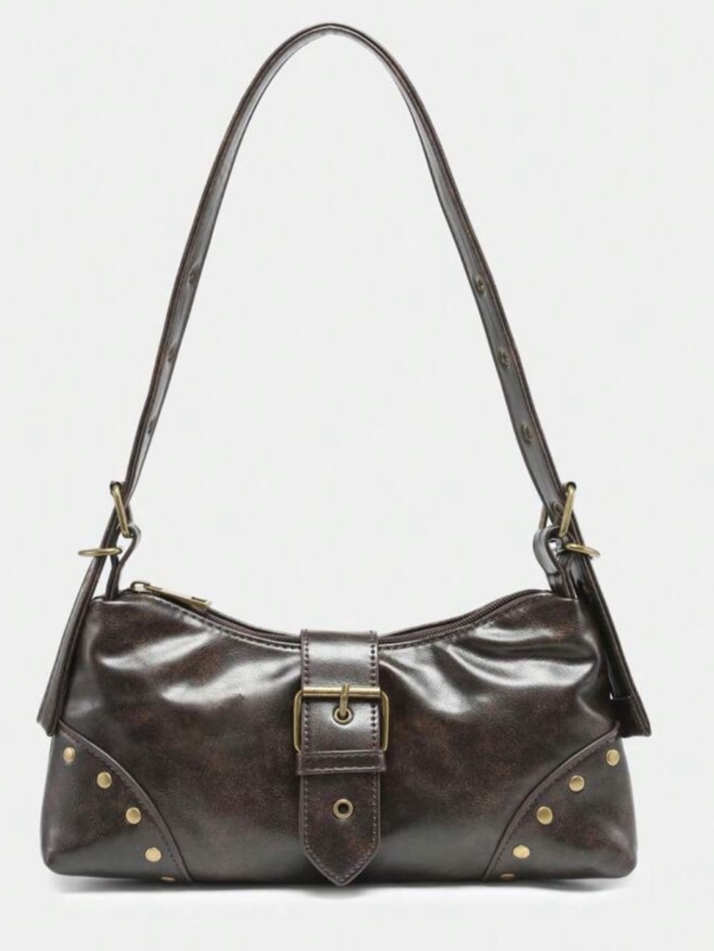 Women's Dark Brown Leather Shoulder Bag with Buckle Detail